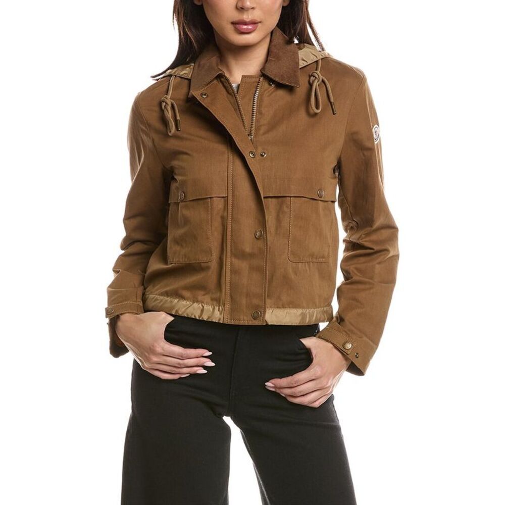 Moncler Womens  Aconitum Hooded Linen-Blend Shirt Jacket, Brown